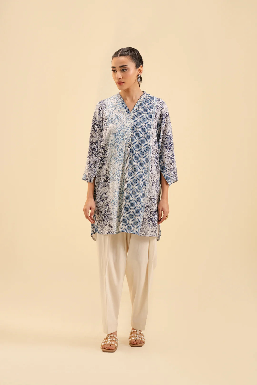Printed viscose shirt for women – stylish blue and white casual wear top.