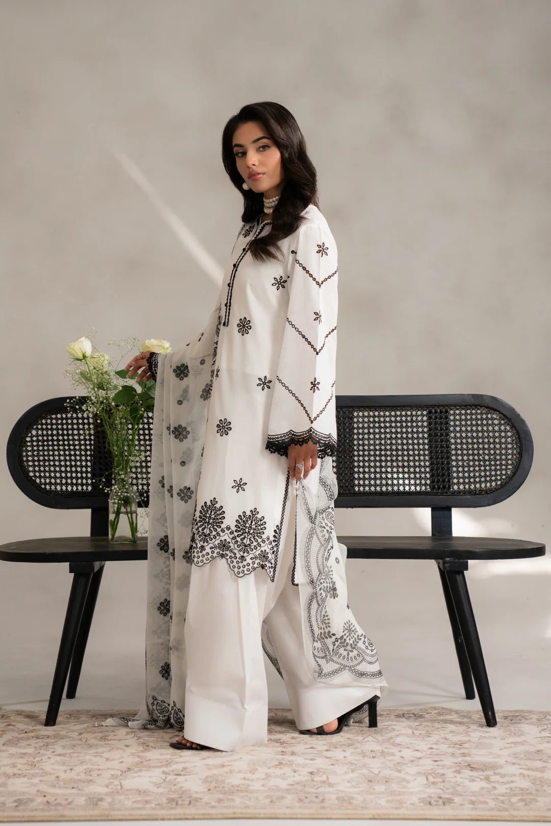 Purchase 3 piece white lawn suit embroidered - monochrome Pakistani women outfit free delivery