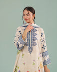 Quetta 2 piece printed lawn suit – graceful ivory unstitched ladies suit with breathable fabric and digital printed voile dupatta