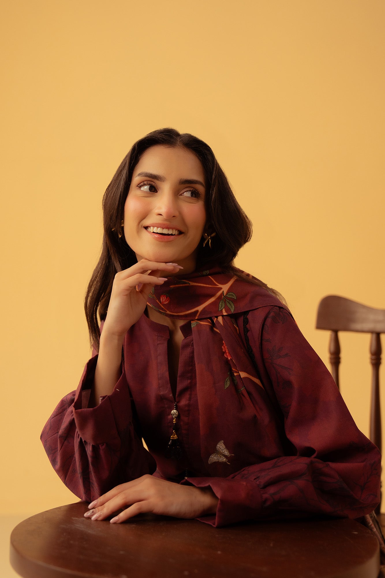 Ready-to-stitch designer suit, maroon digital printed cambric and dyed trouser, embellished silk dupatta for Eid, available in Pakistan

