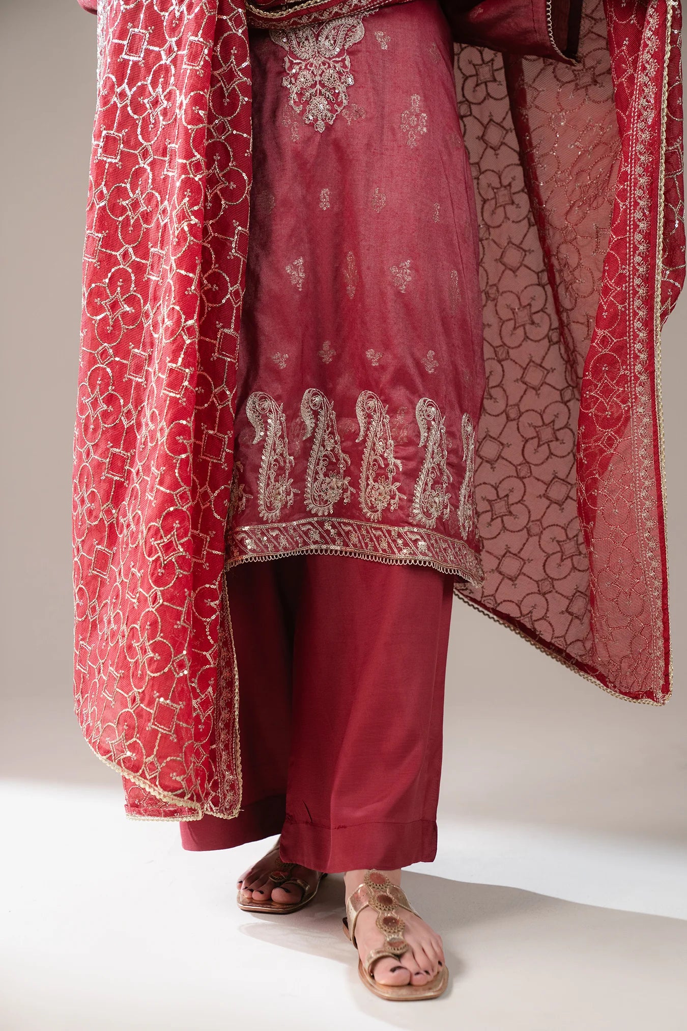 Ready to wear 3 piece Pakistani jamawar suit – stylish red embroidered outfit for weddings, family events, and festive celebrations.