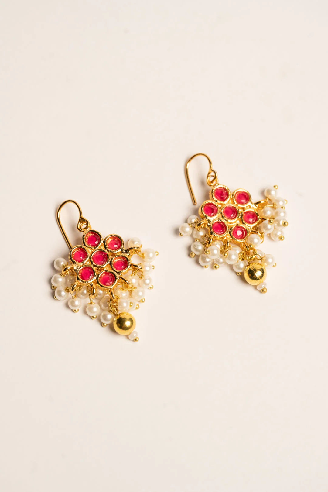Red Kundan Floral Cluster Earrings with Pearl Bead Drop 