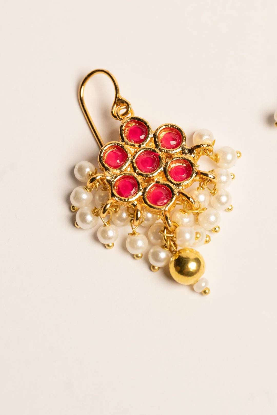 Red Kundan floral cluster earrings pearl bead drop gold ball Pakistan Beyond East