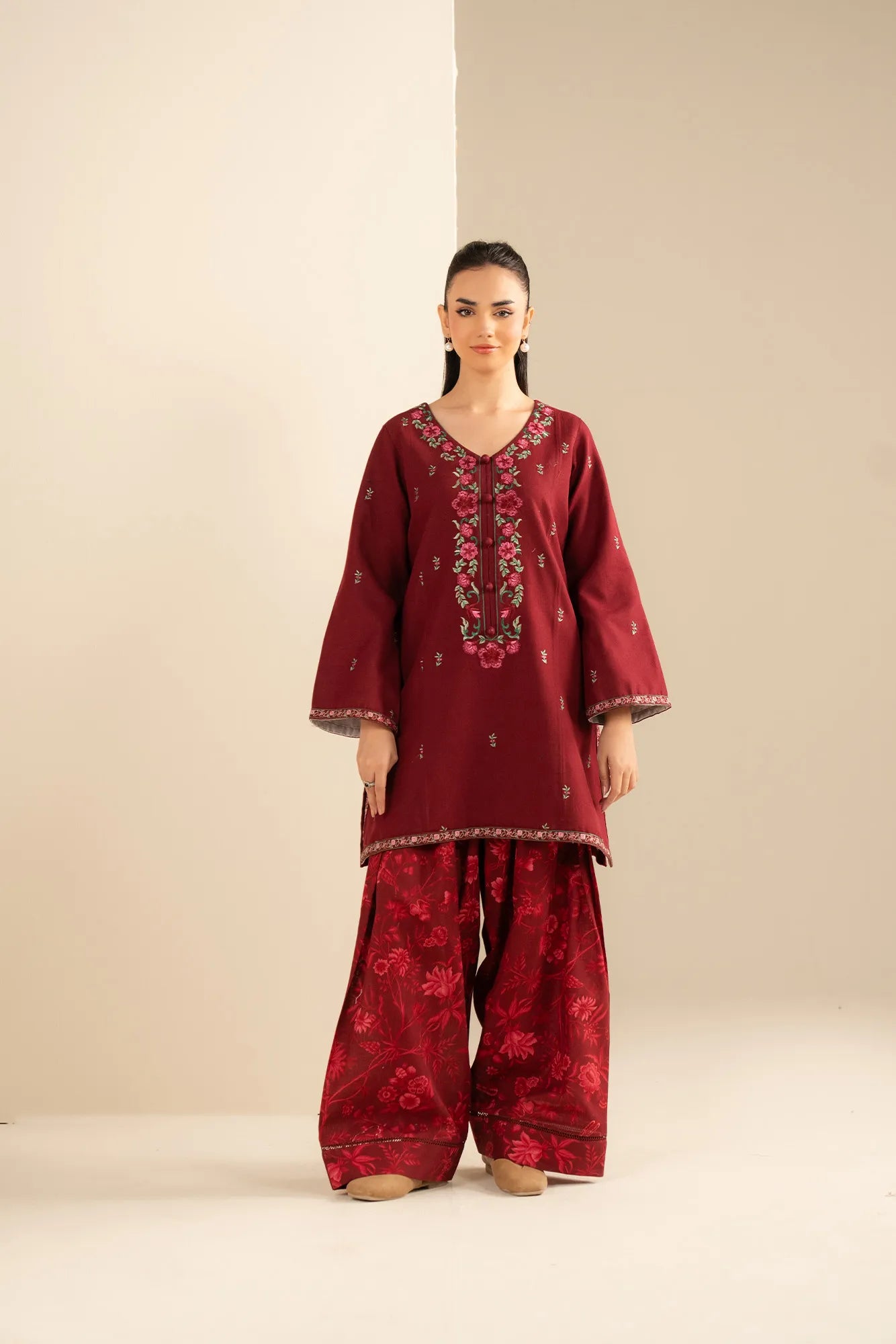 Red embroidered khaddar unstitched 2 piece suit with printed shalwar