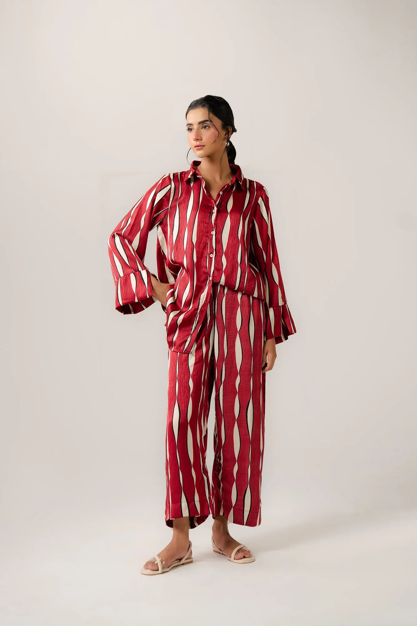 Red printed co ord set for women with modern line patterns