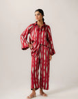 Red printed co ord set for women with modern line patterns