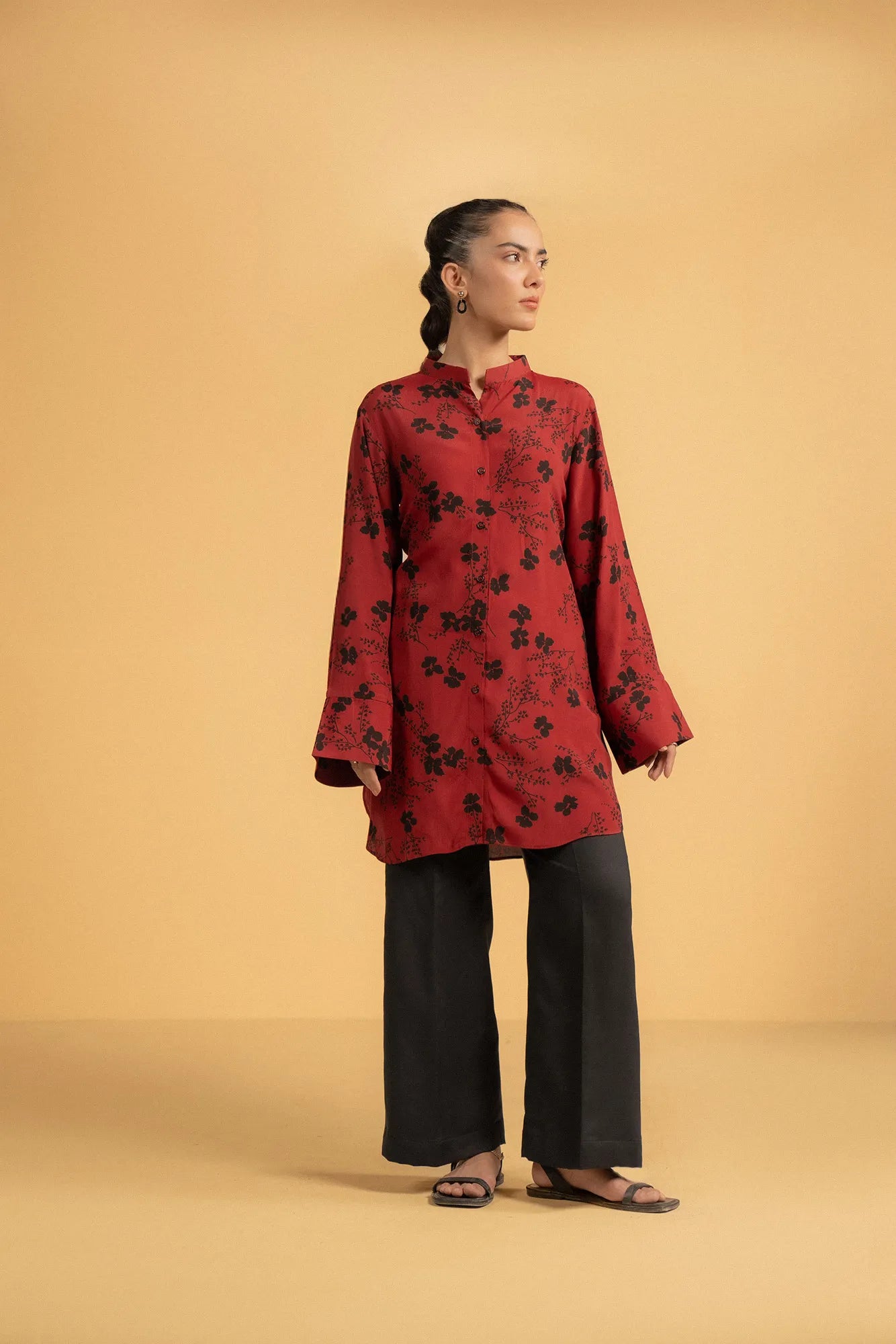 Red printed linen shirt with black floral design for women