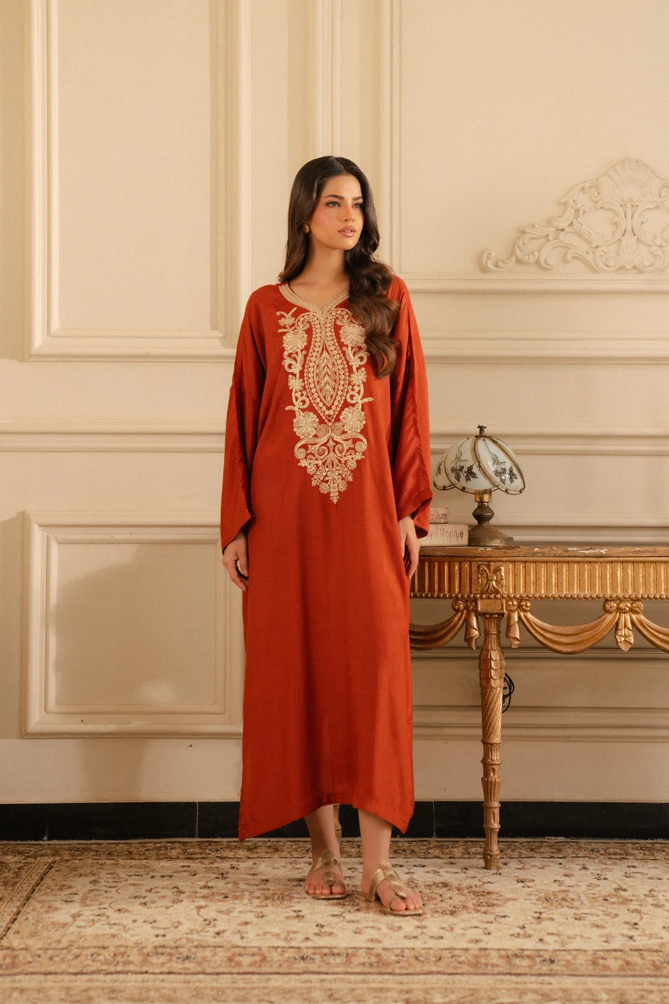 Rust embroidered silk kaftan with golden neckline design