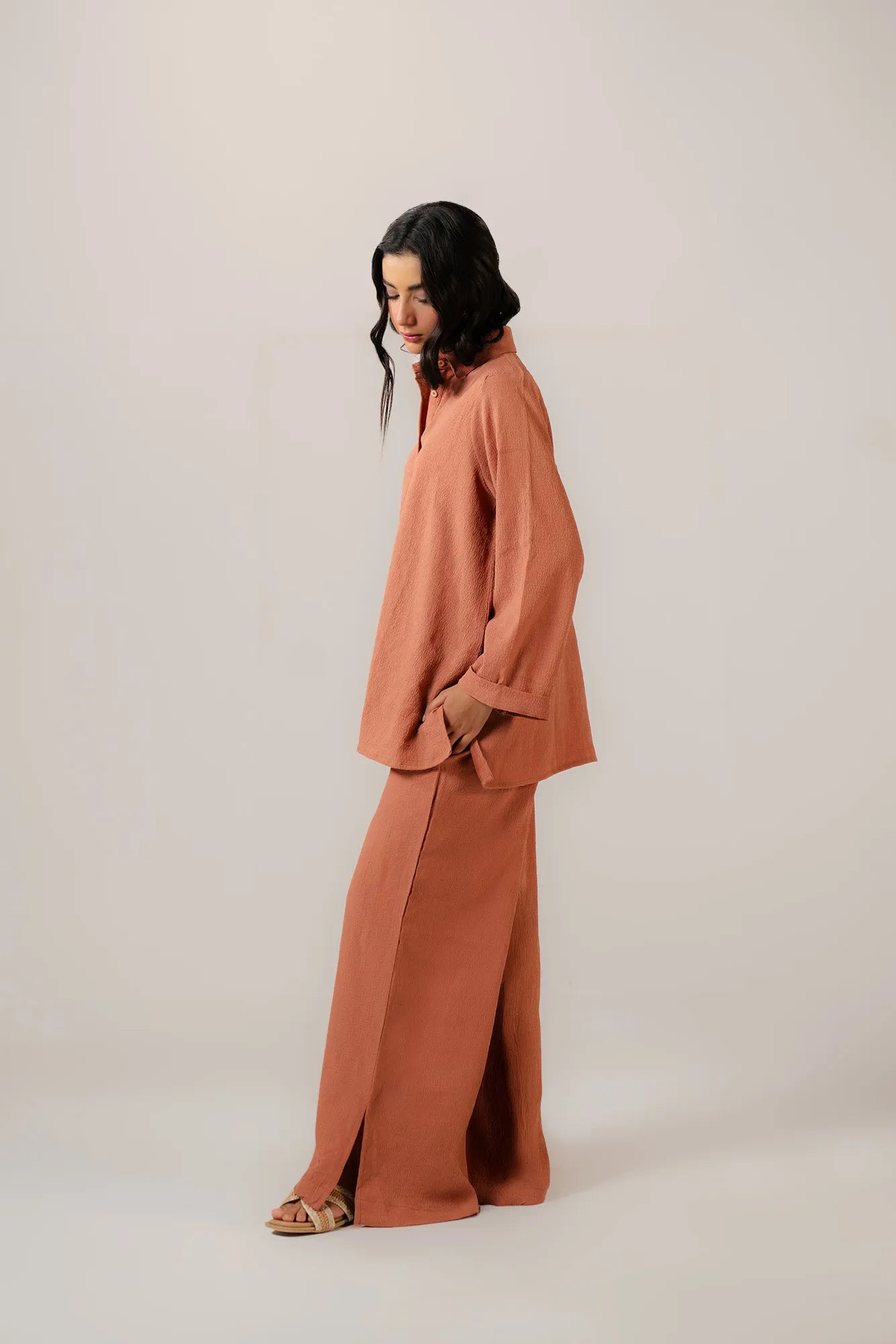 Rust orange co ord set for women - oversized shirt and palazzo pants matching set