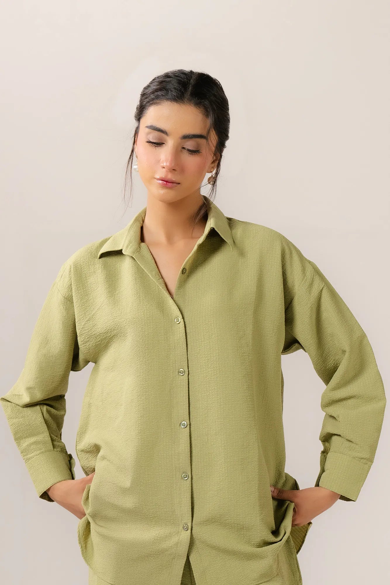 Sage green co ord sets women - loose fitting button up shirt