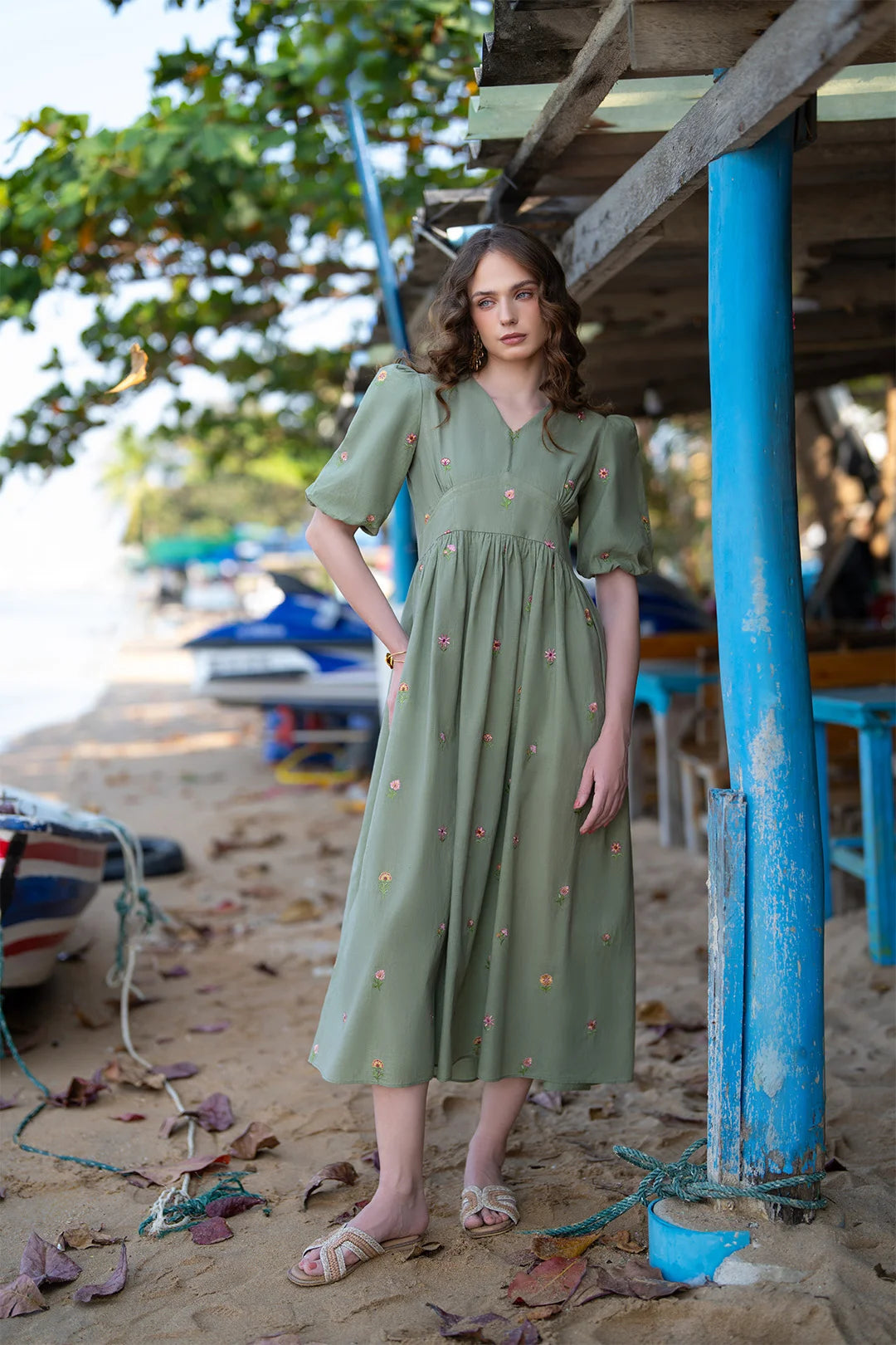 Sage green embroidered cambric midi dress for women