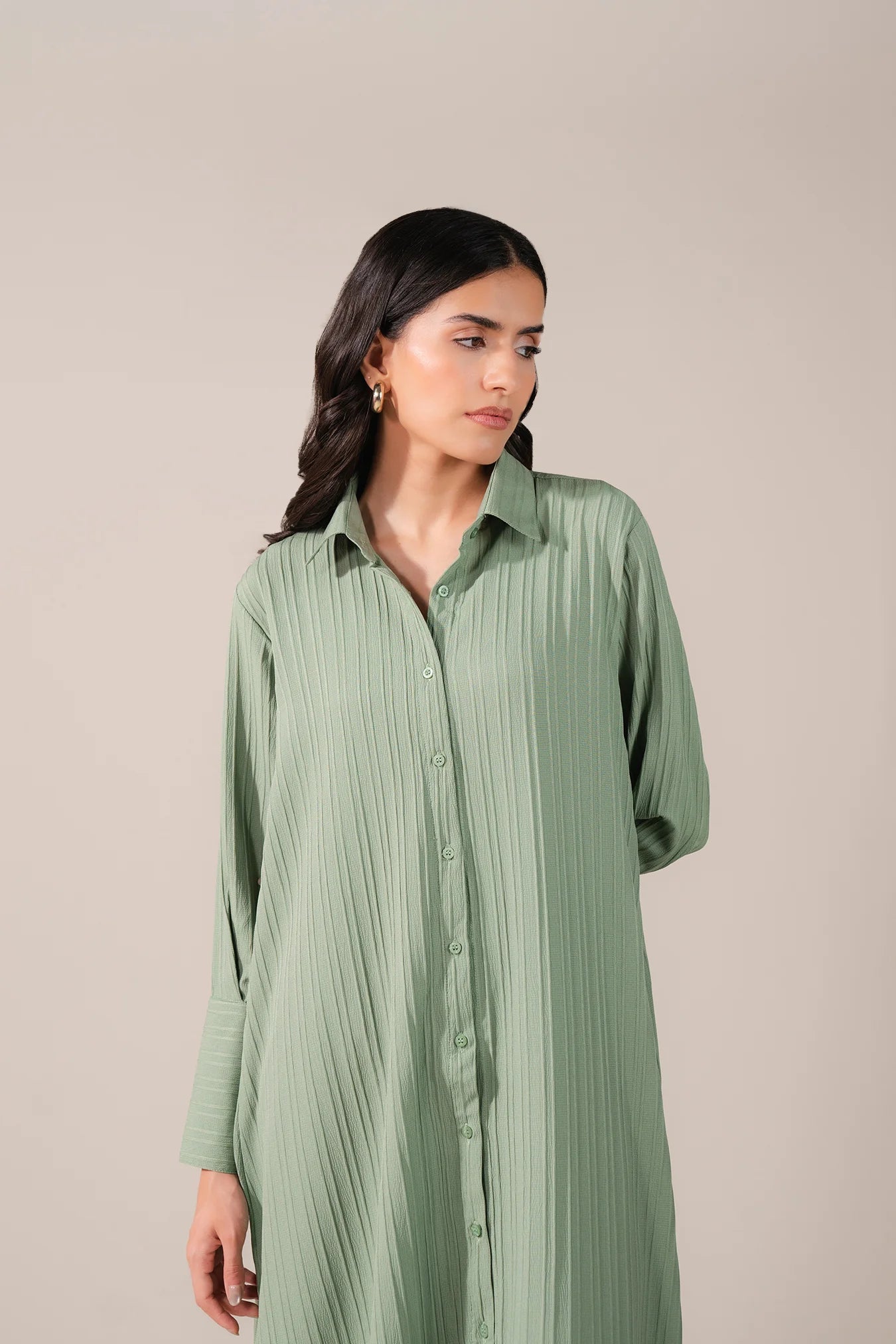 Sage green textured 1 piece shirt dress for women – casual wear Azadi Sale pick