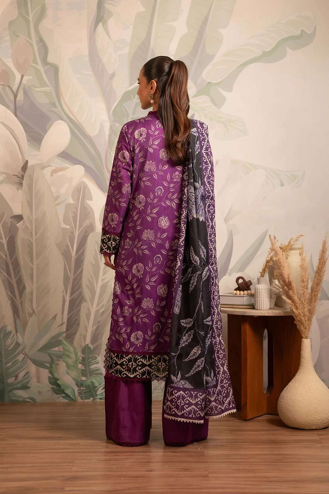 Sale 70% off unstitched printed lawn – a luxurious two-piece purple lawn suit with a gracefully designed black monark dupatta for an effortlessly chic look.