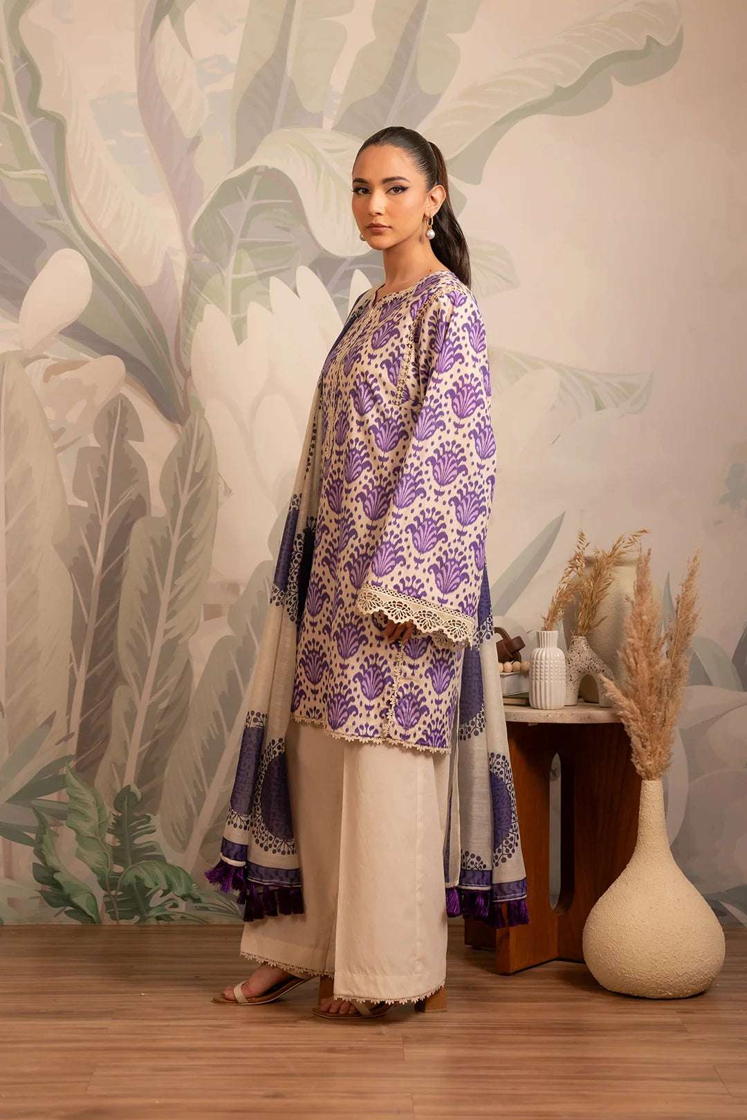 Sale 70% off unstitched printed lawn – chic two-piece lawn outfit with a contemporary ikkat print shirt and a beautifully designed abstract dupatta.