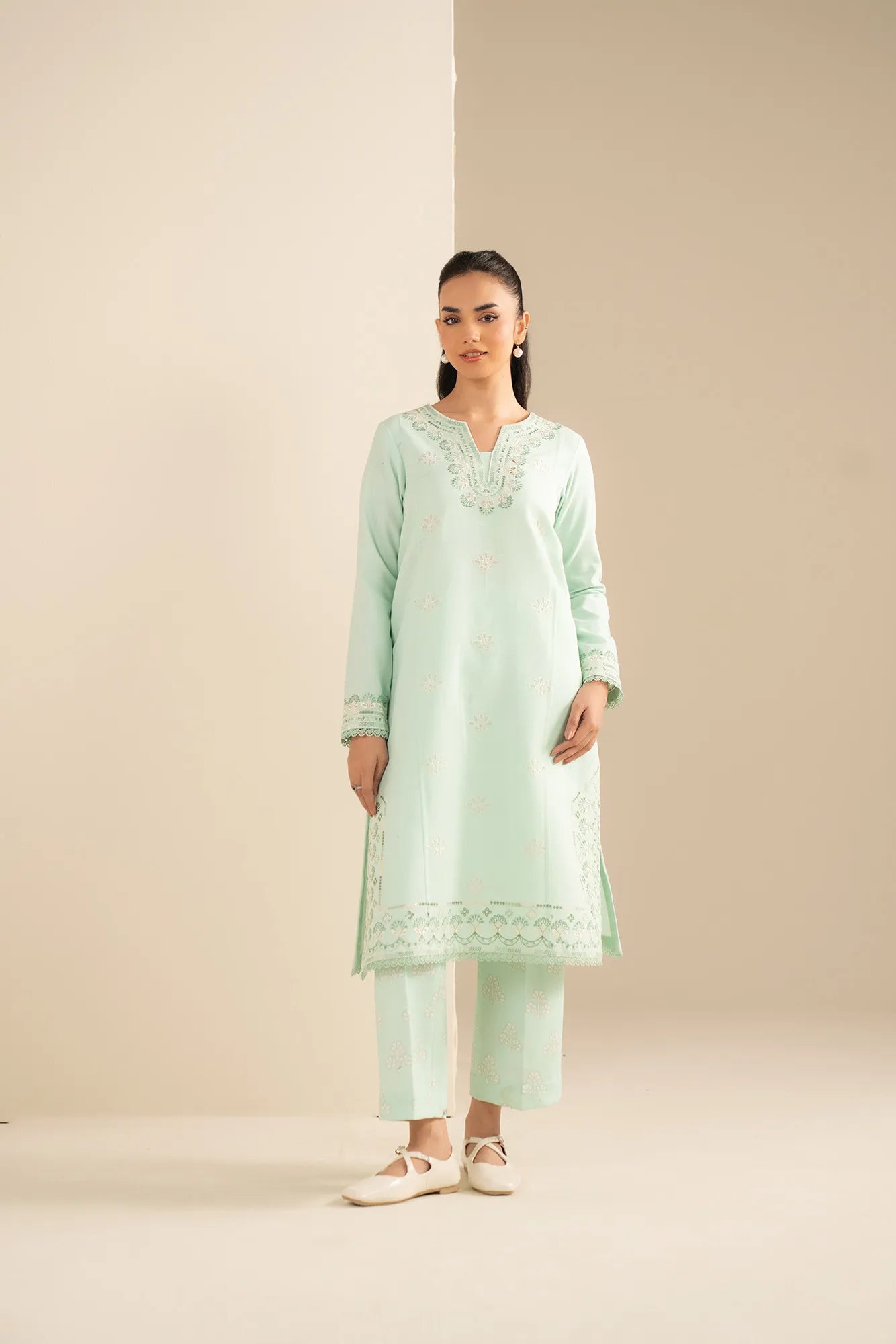 Sea green embroidered khaddar unstitched 2 piece suit for women
