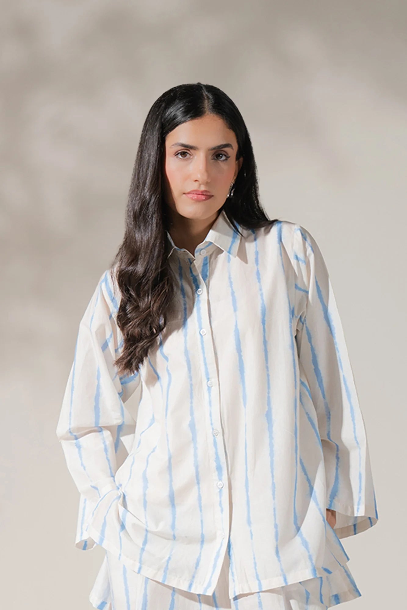 Shop 1 Piece Printed Cambric Shirt with Blue Vertical Stripes for Women