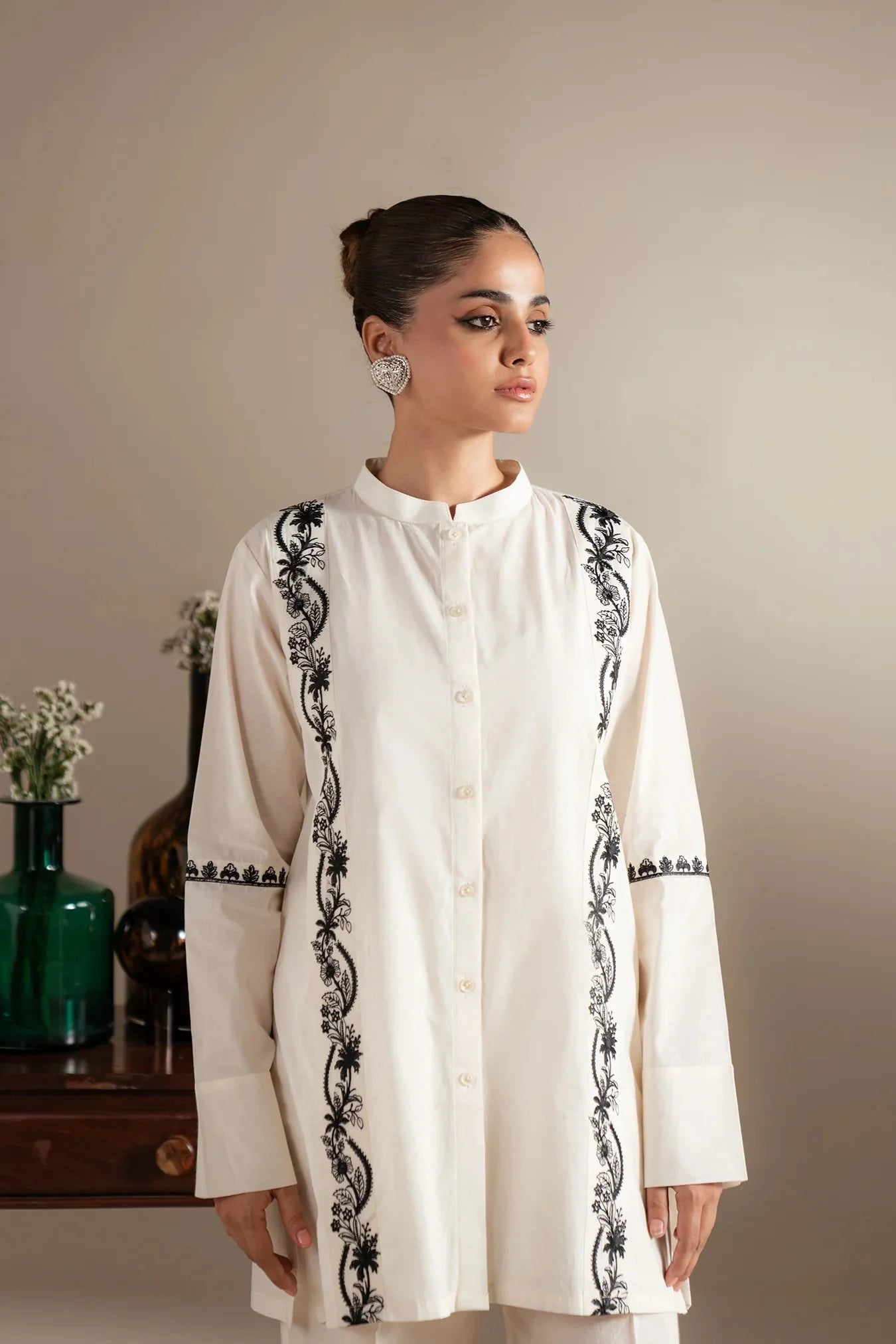 Shop 2 piece white lawn suit black embroidered - monochrome Pakistani formal wear for women