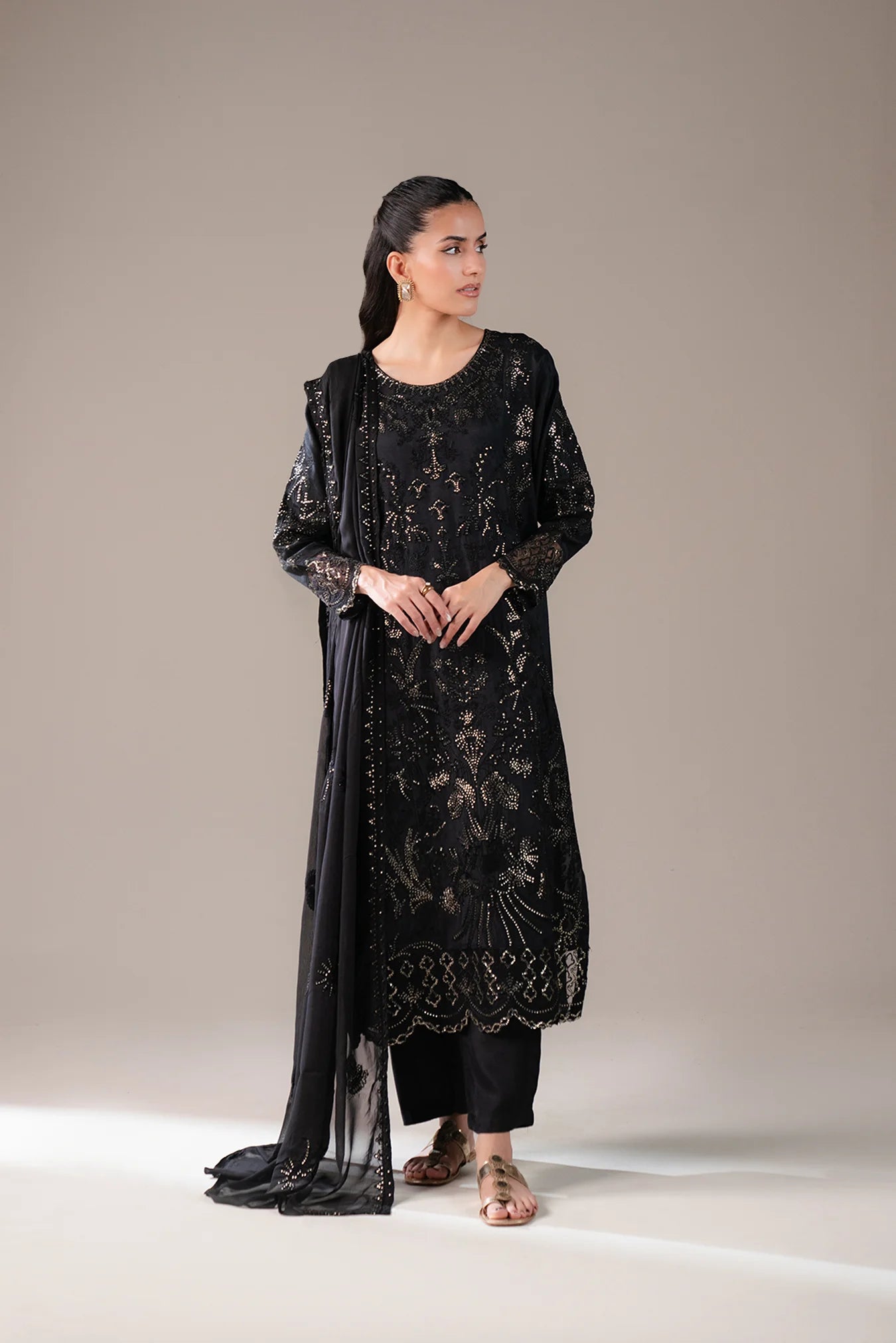 Shop 3 Piece Embroidered Raw Silk Suit (Black) for Women in Lahore – Luxury Formal Wear for Weddings