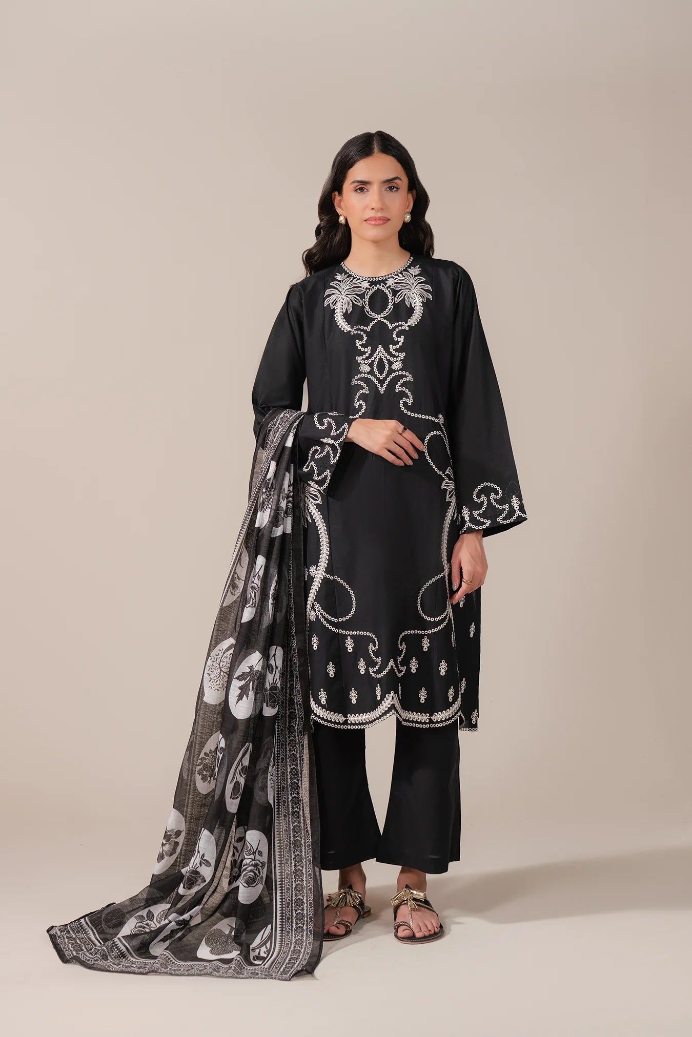 Shop Black embroidered lawn suit with printed dupatta – popular in Sialkot, Melbourne, and New York