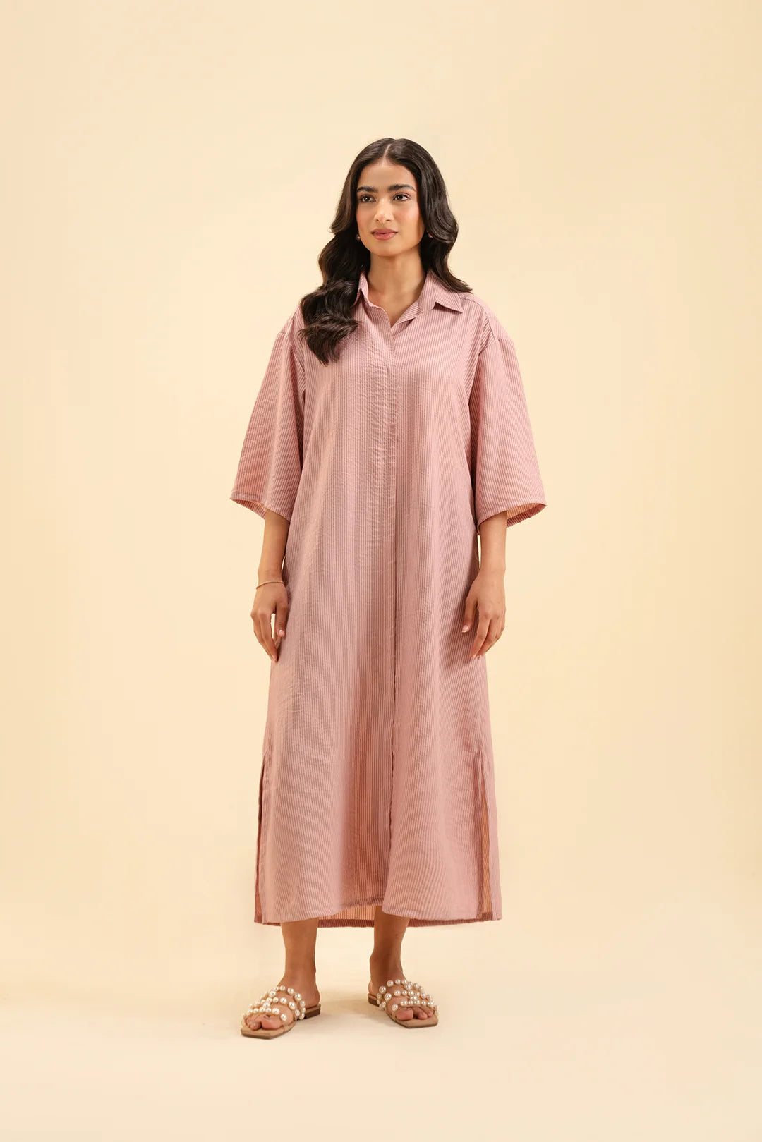 Shop Pastel pink striped midi dress – stylish drop shoulder outfit for women.