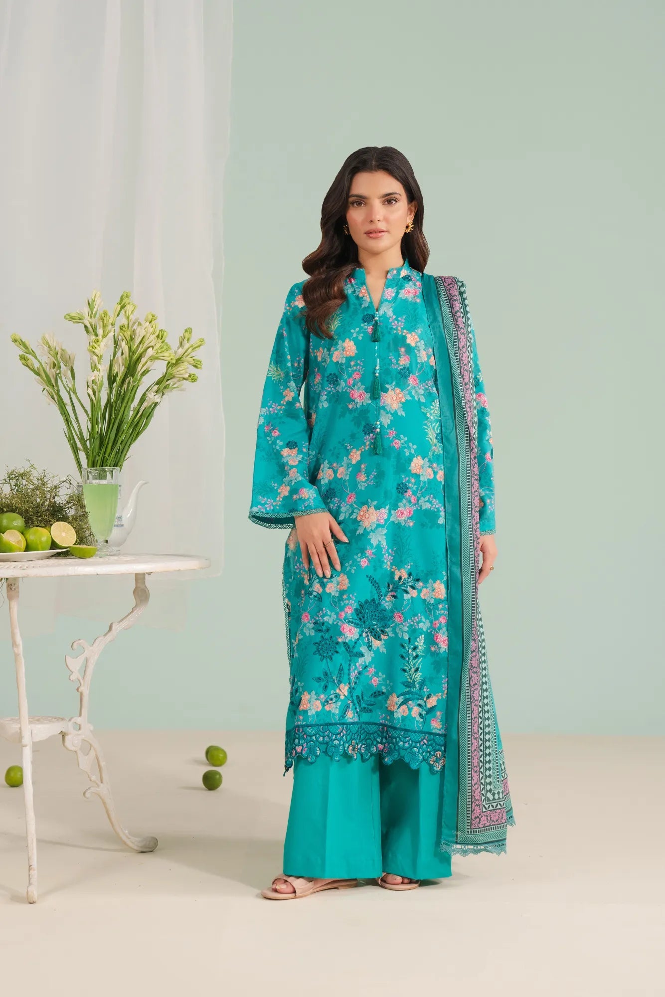 Shop Women embroidered lawn dress with dyed cambric trouser and chiffon dupatta, perfect for women in Jhelum Pakistan