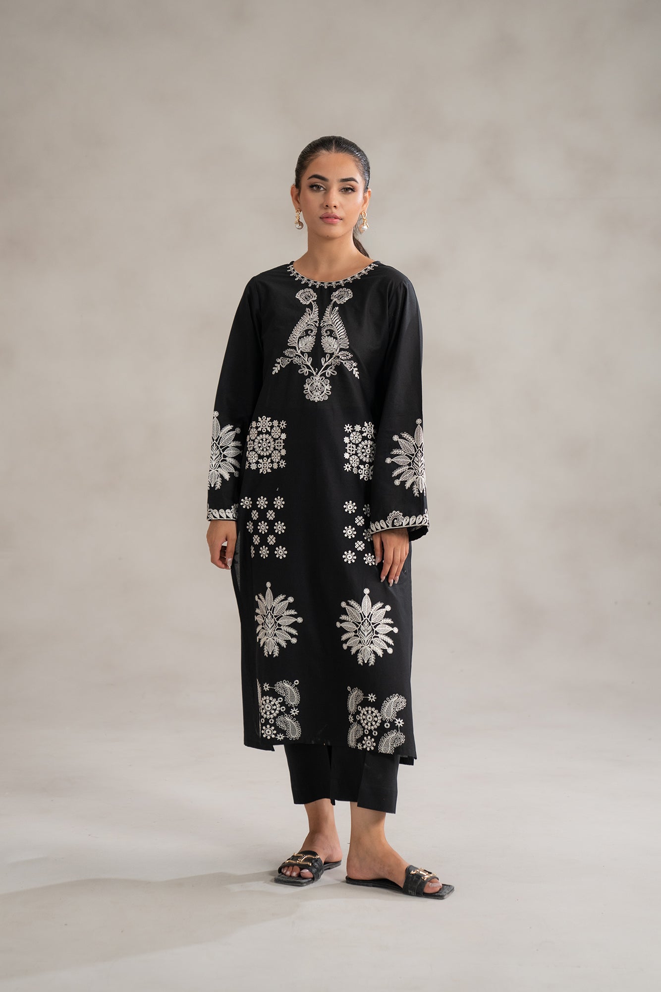 Shop black 2 piece embroidered lawn suit collection - monochrome Pakistani outfits white threadwork