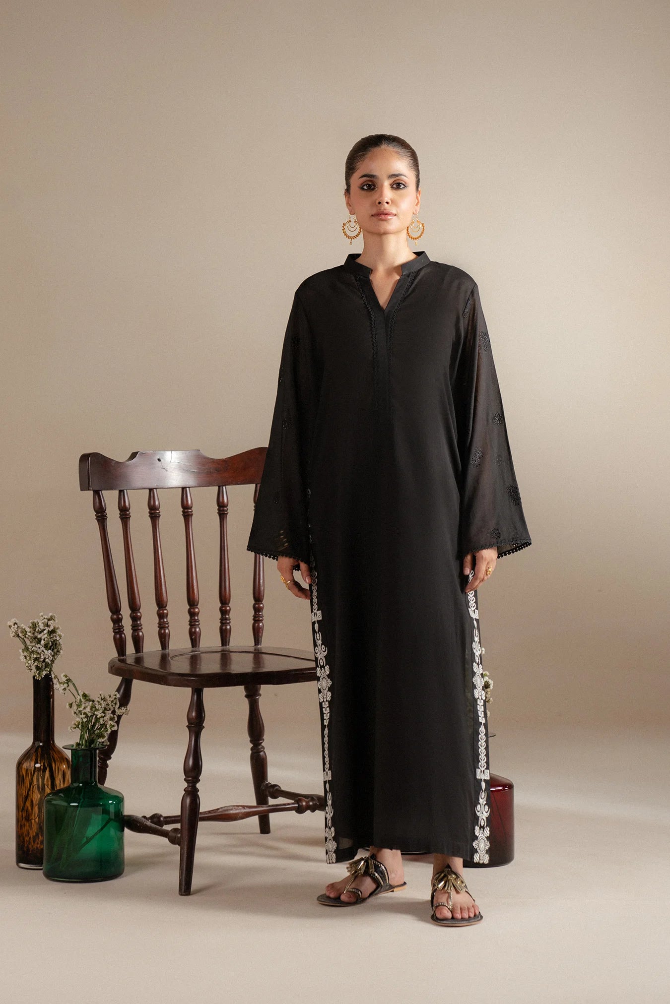 Shop black monochrome dress Karachi delivery - 2 piece embroidered lawn kurta white side panels