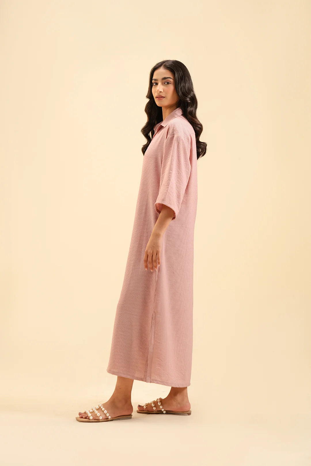 Shop drop shoulder midi dress – soft fabric and flattering design for any occasion.