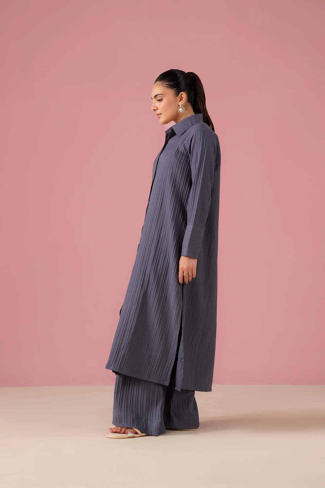 Shop grey 2-piece co-ord outfit featuring long straight-cut shirt with full sleeves and matching wide-leg trousers