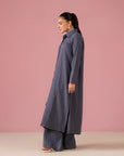 Shop grey 2-piece co-ord outfit featuring long straight-cut shirt with full sleeves and matching wide-leg trousers