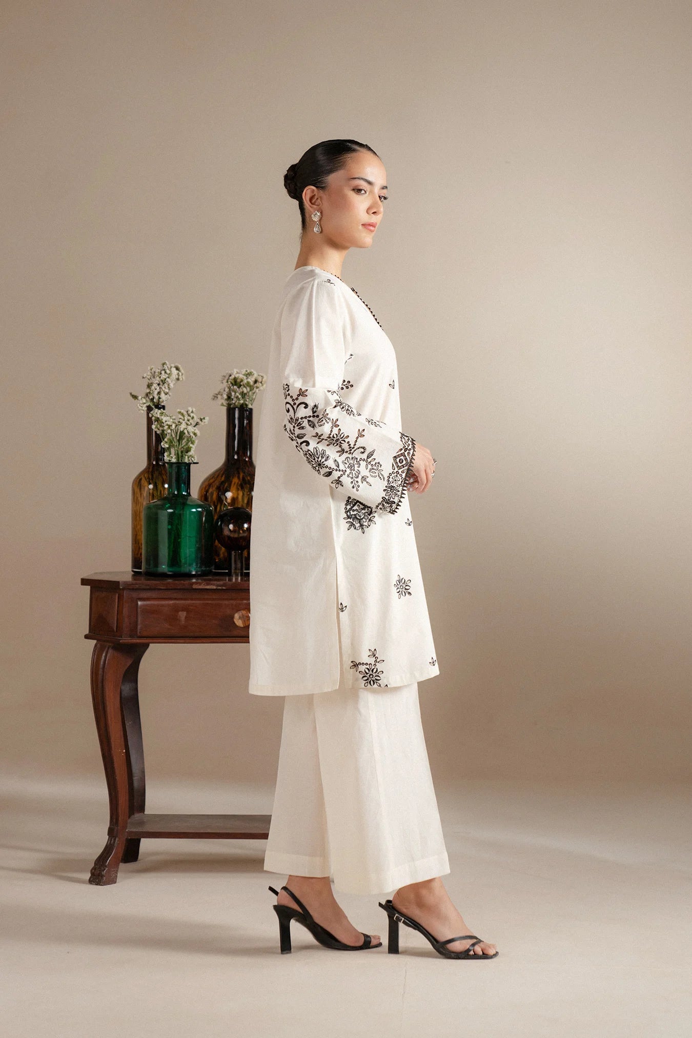 Shop monochrome clothing Lahore stores - white black embroidered lawn suit 2 piece premium