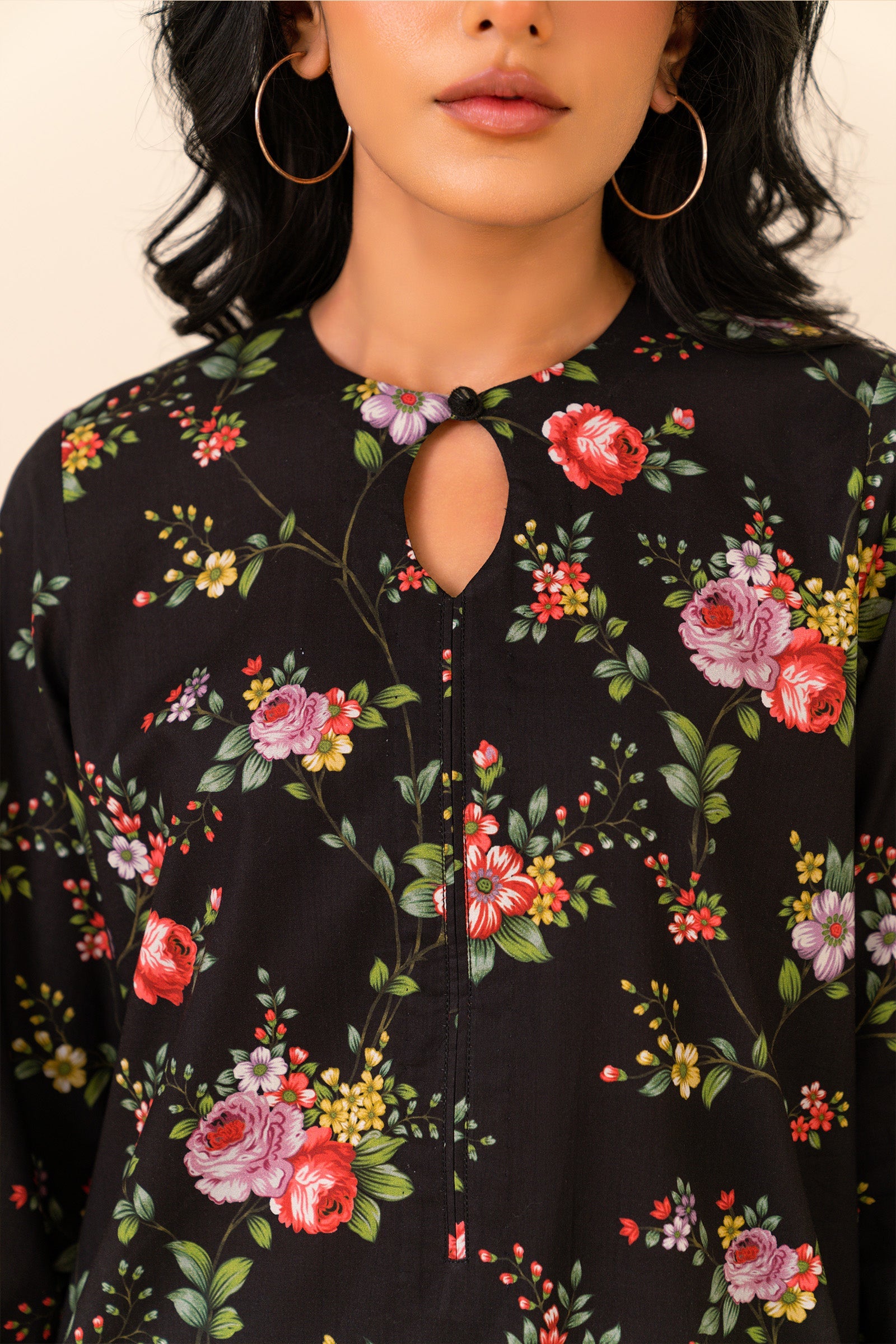 Shop online black cambric 2-piece coord with vibrant digital prints for a stylish wardrobe upgrade