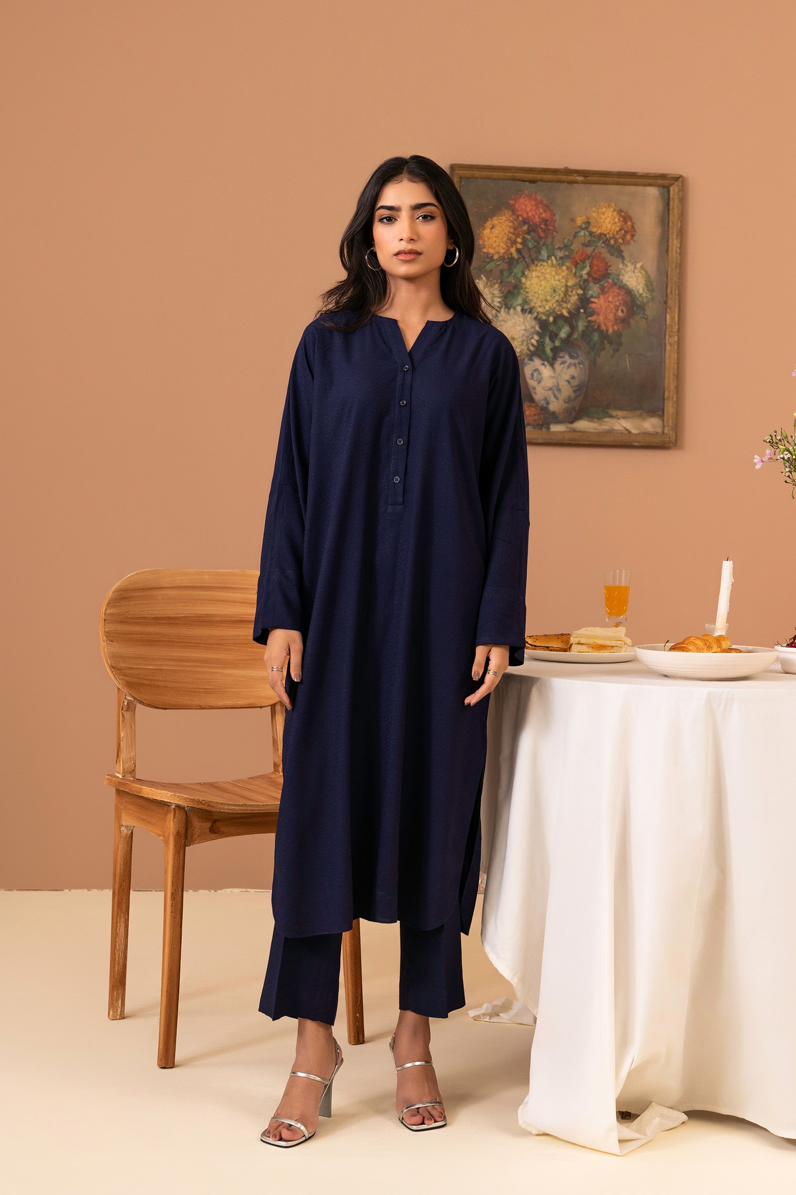 Shop online prussian blue solid 2-piece suit for women, featuring a flowy silhouette and matching trousers