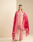 Side angle of pink khaddar 3 piece suit with printed shawl styling