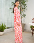 Side profile of full-length pink floral printed kaftan for women