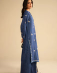 Side view of royal blue linen suit with straight silhouette and matching trousers