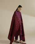 Side view showing maroon embroidered shawl fall and length