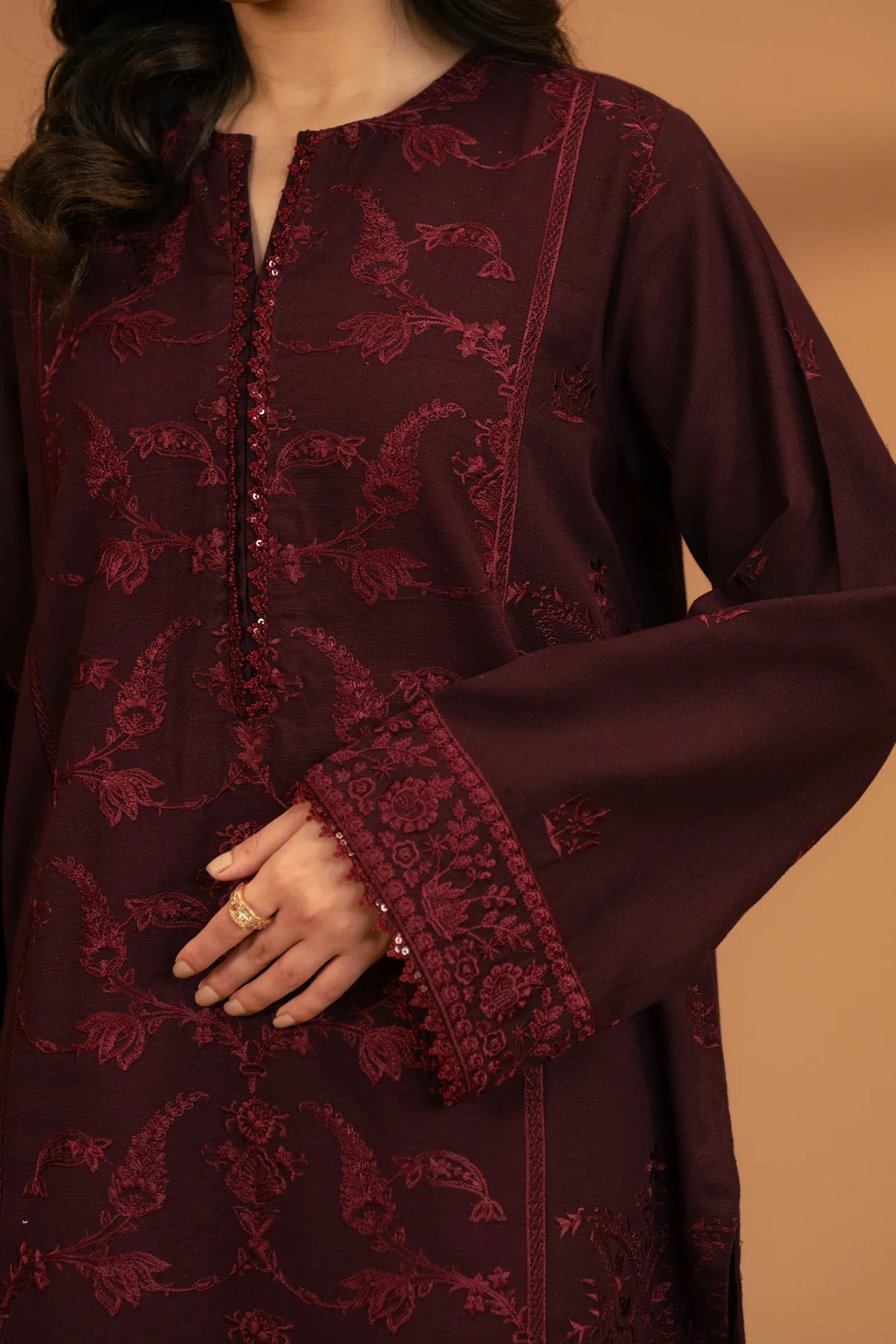 Sleeve and front embroidery detail on maroon embroidered khaddar suit
