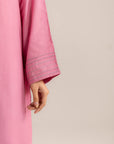 Sleeve detail of light pink solid linen pret suit