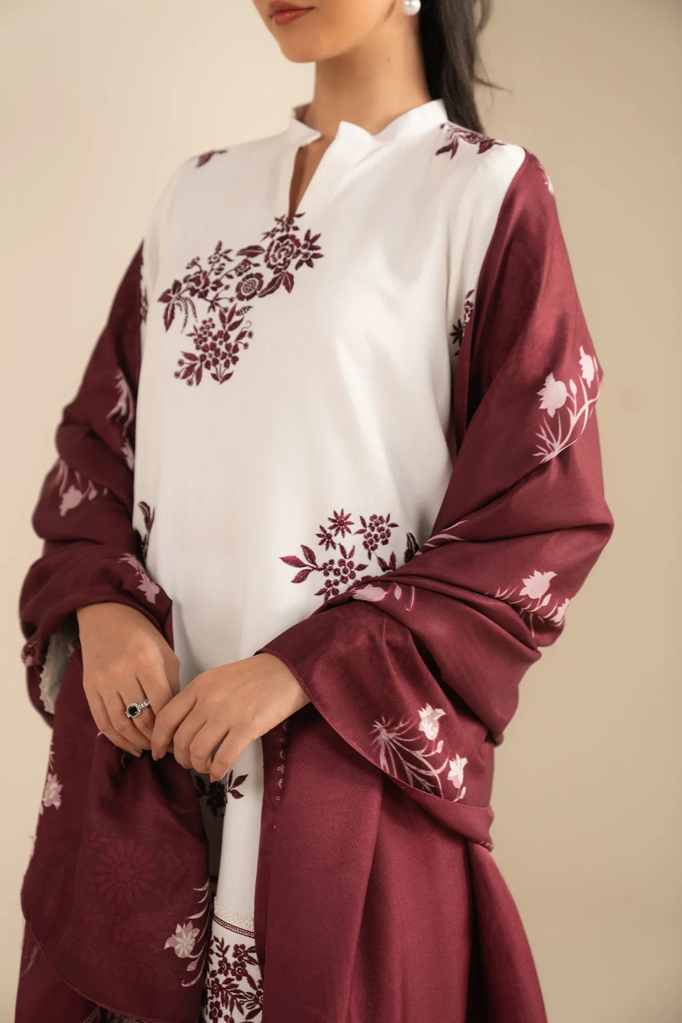 Sleeve detail shot highlighting embroidery on khaddar winter suit