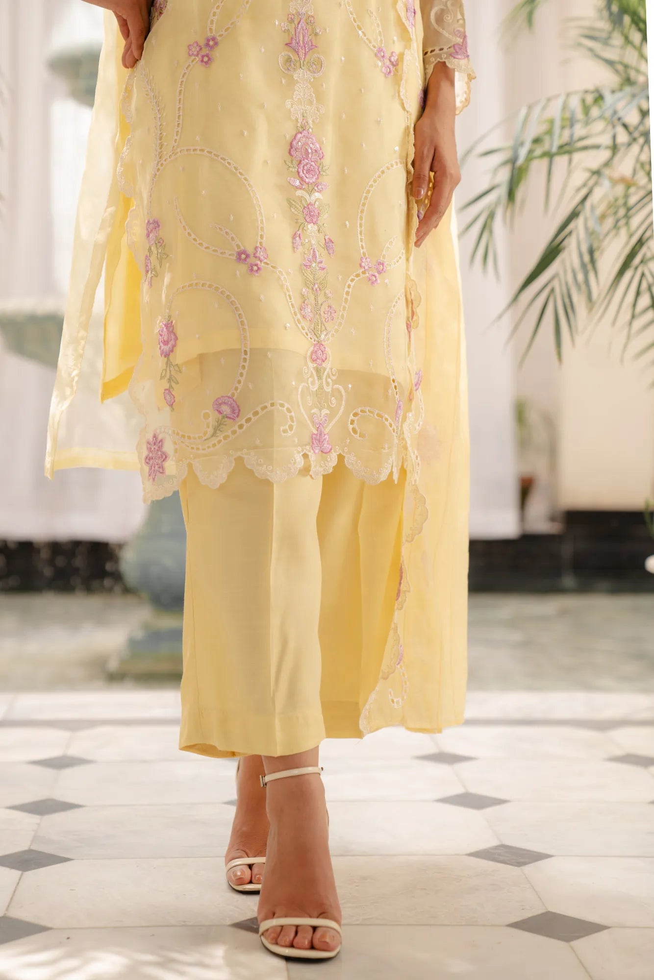 Soft yellow organza fabric suit with pink and white embroidery