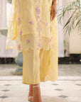 Soft yellow organza fabric suit with pink and white embroidery