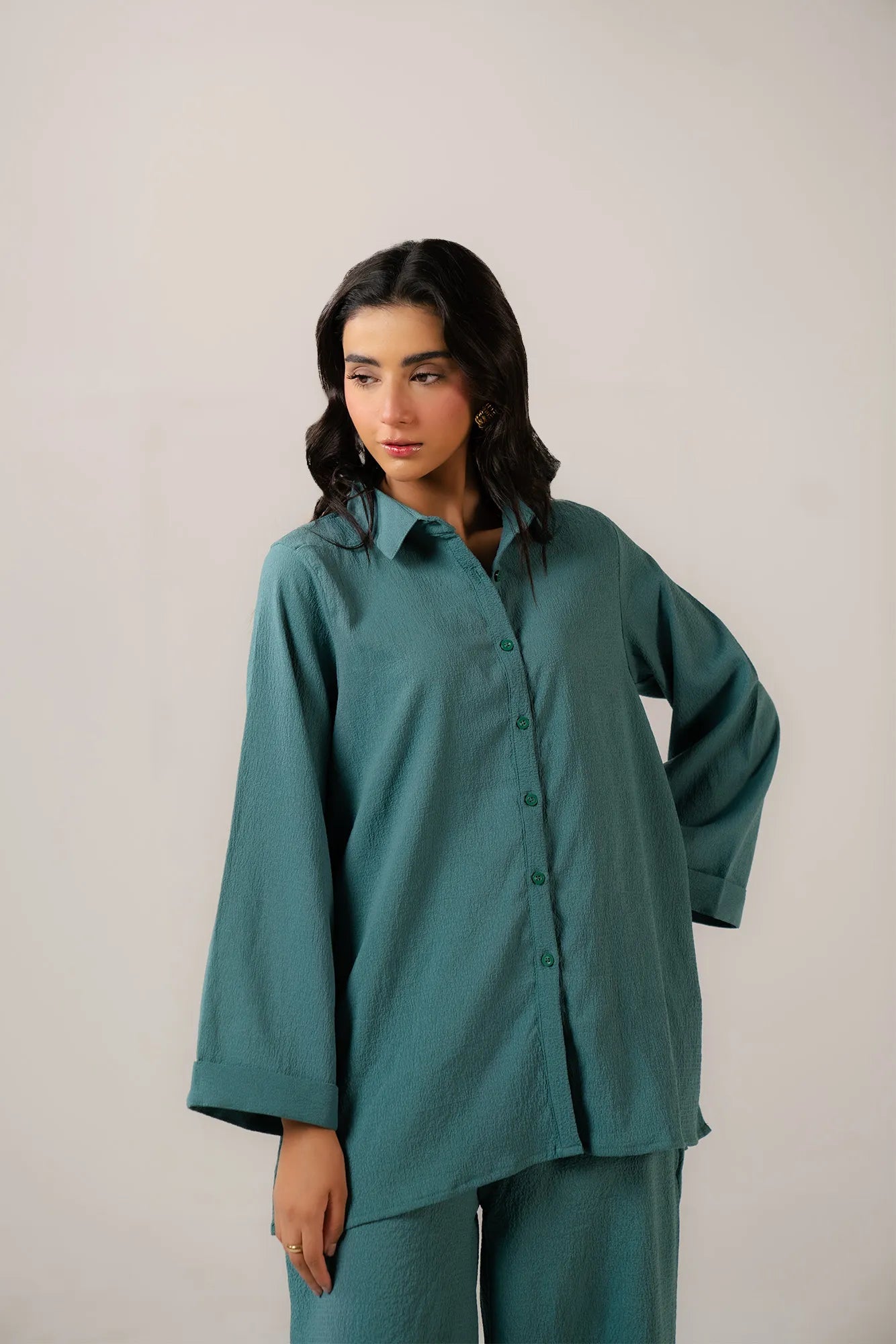 Solid green button down tunic dress - casual women's shirt dress with pockets