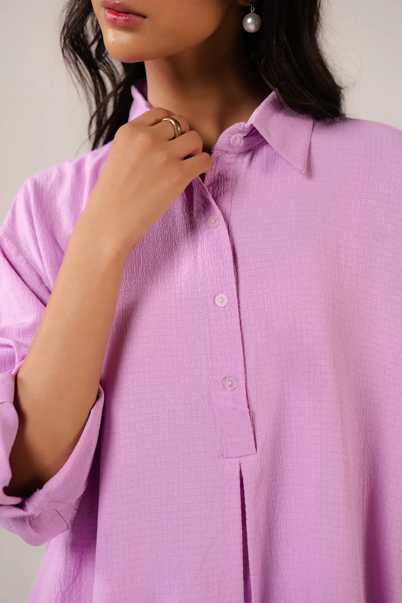 Solid pink women's shirt - relaxed blended fabric button up blouse with rolled sleeve cuffs