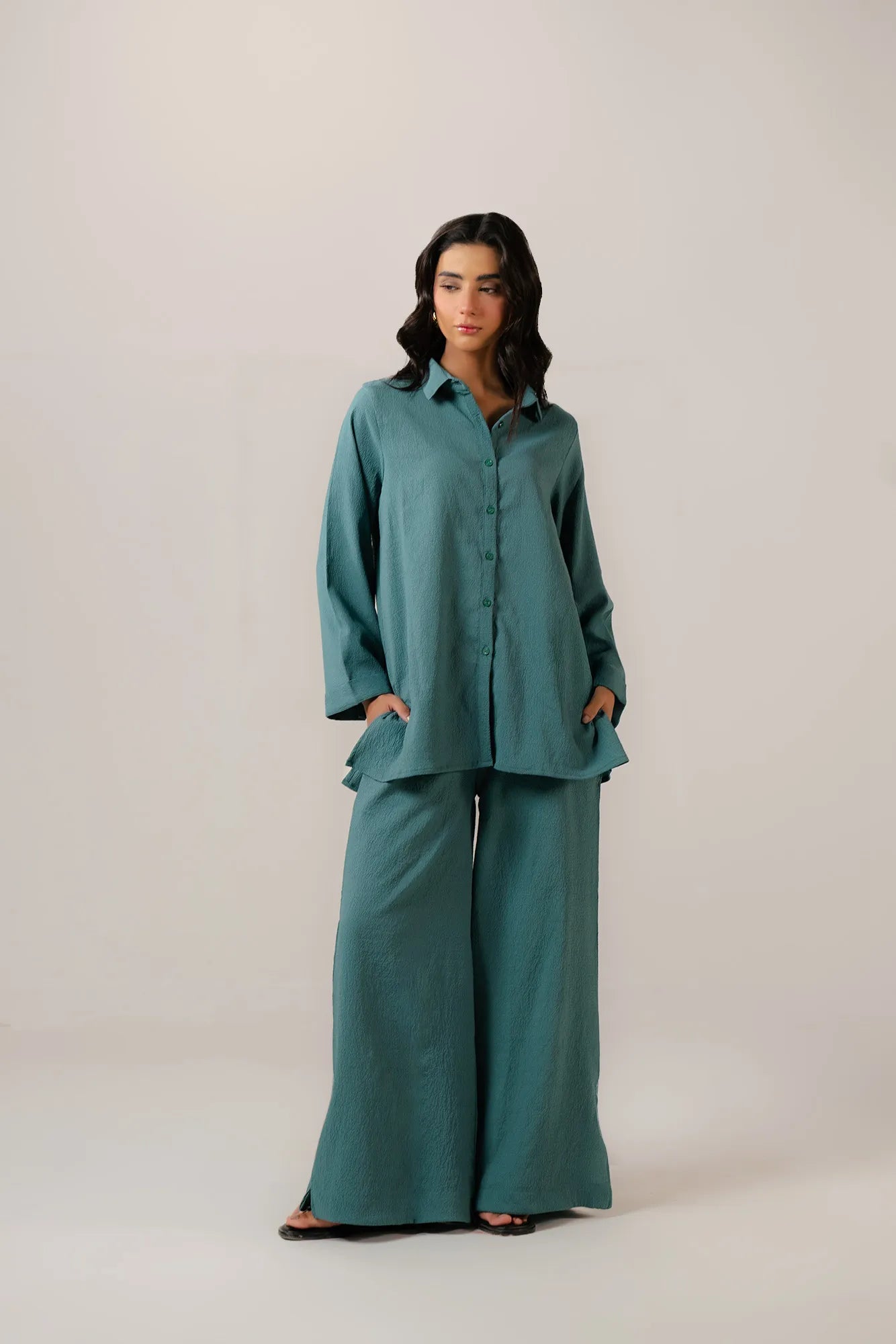 Solid teal green tunic shirt dress for women - relaxed button up style with collar