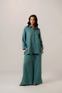 Solid teal green tunic shirt dress for women - relaxed button up style with collar