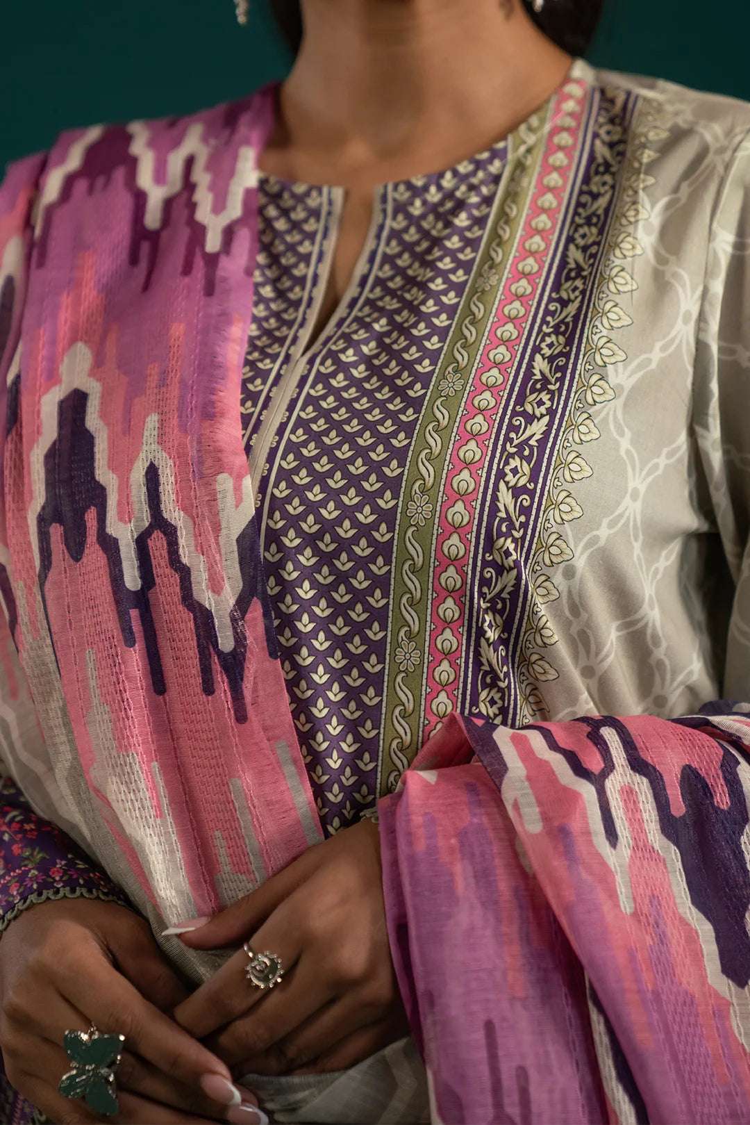 Stylish Lawn Suit for Summer - Pakistani Fashion – A breathable and trendy lawn suit with a digital-printed shirt, solid cambric trousers, and a beautifully designed ikkat monark dupatta.