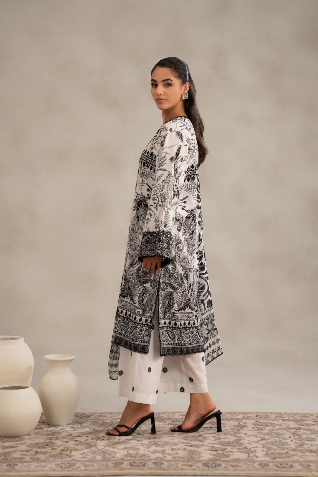 Stylish black and white printed lawn shirt with matching trousers and dupatta