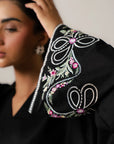 Stylish black cambric shirt with collar and embroidery