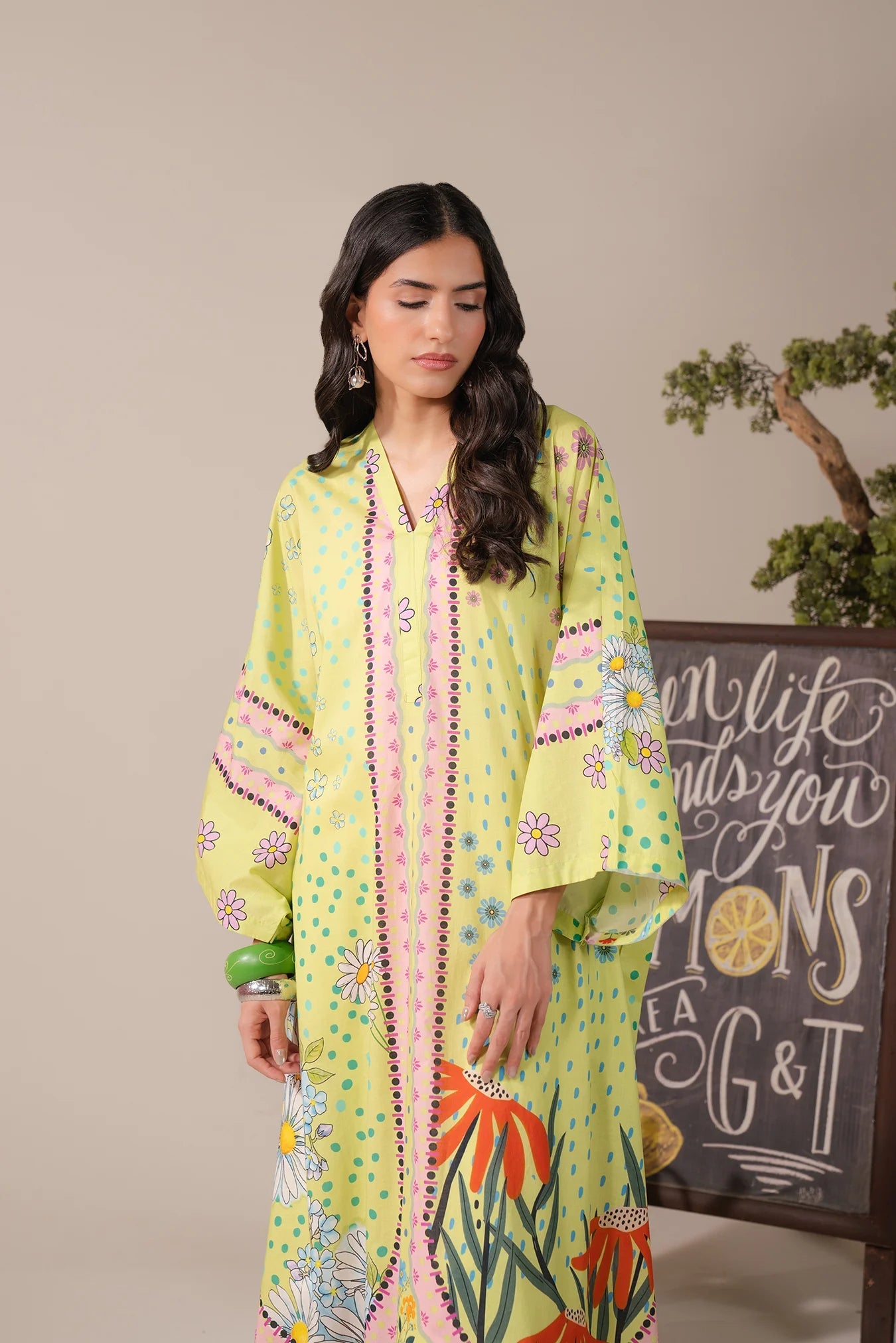 Stylish long dress for women – printed lawn maxi with wide sleeves and floral pattern